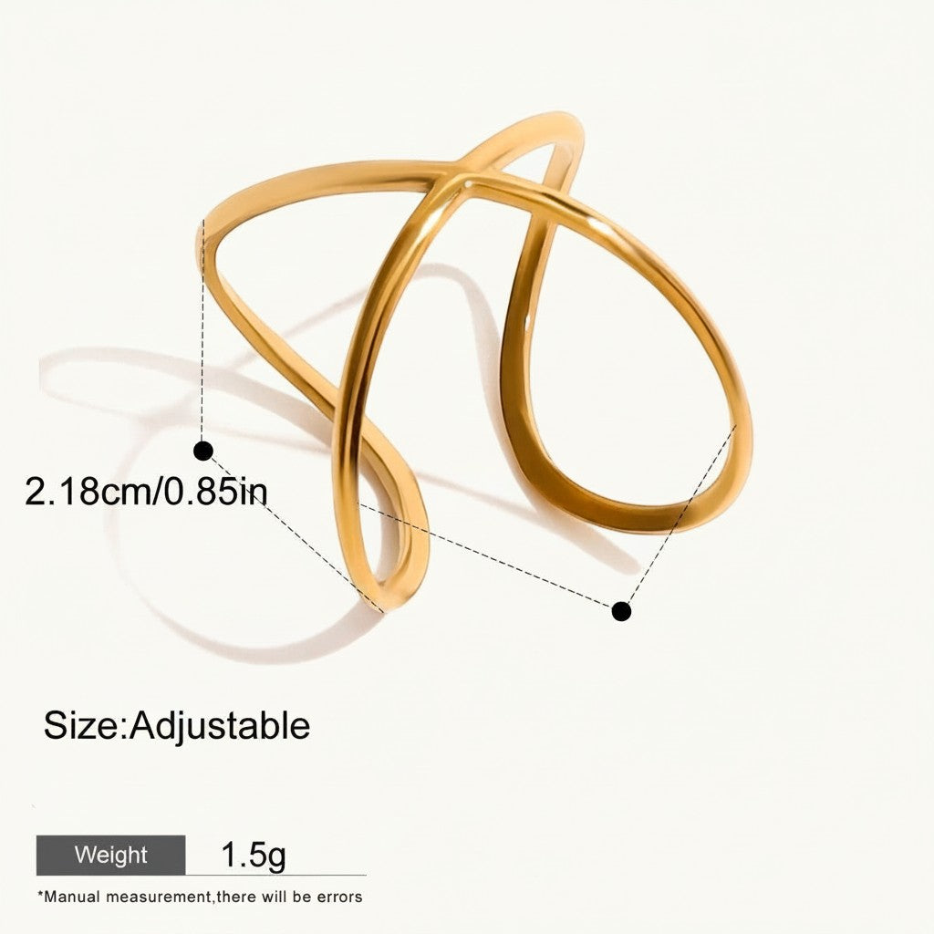 Seraphina Treasures Alcyone gold-tone adjustable ring with abstract crossover design, waterproof and hypoallergenic.