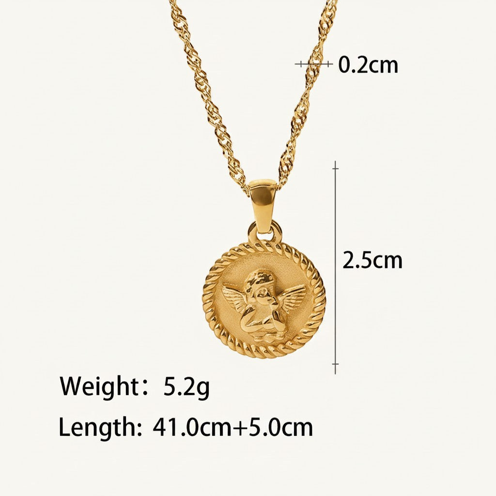 Seraphina Treasures Angelure necklace with a gold-tone cherub pendant on a twisted chain. Pendant measures 2.5cm.