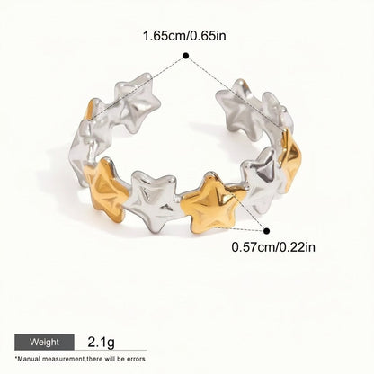 Seraphina Treasures Cassiara adjustable ring with alternating silver and gold stars. Waterproof and hypoallergenic.
