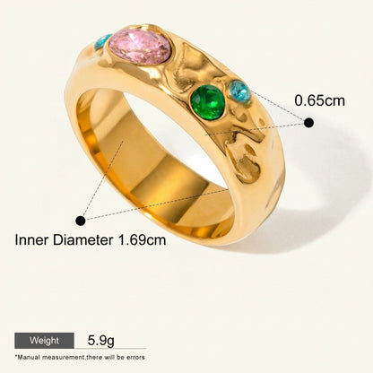 Seraphina Treasures Corvian gold ring with pink, green, and blue gemstones. Waterproof and hypoallergenic.