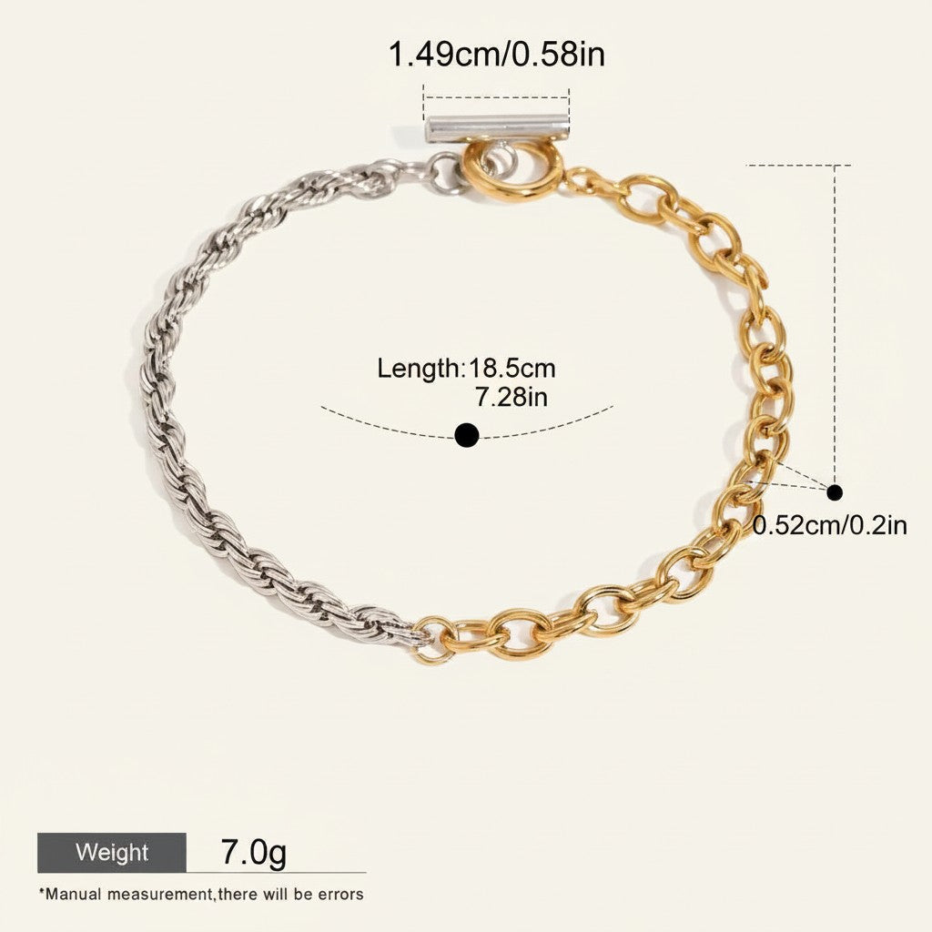 Seraphina Treasures Divinora two-tone chain bracelet with toggle clasp, silver rope chain and gold link chain.
