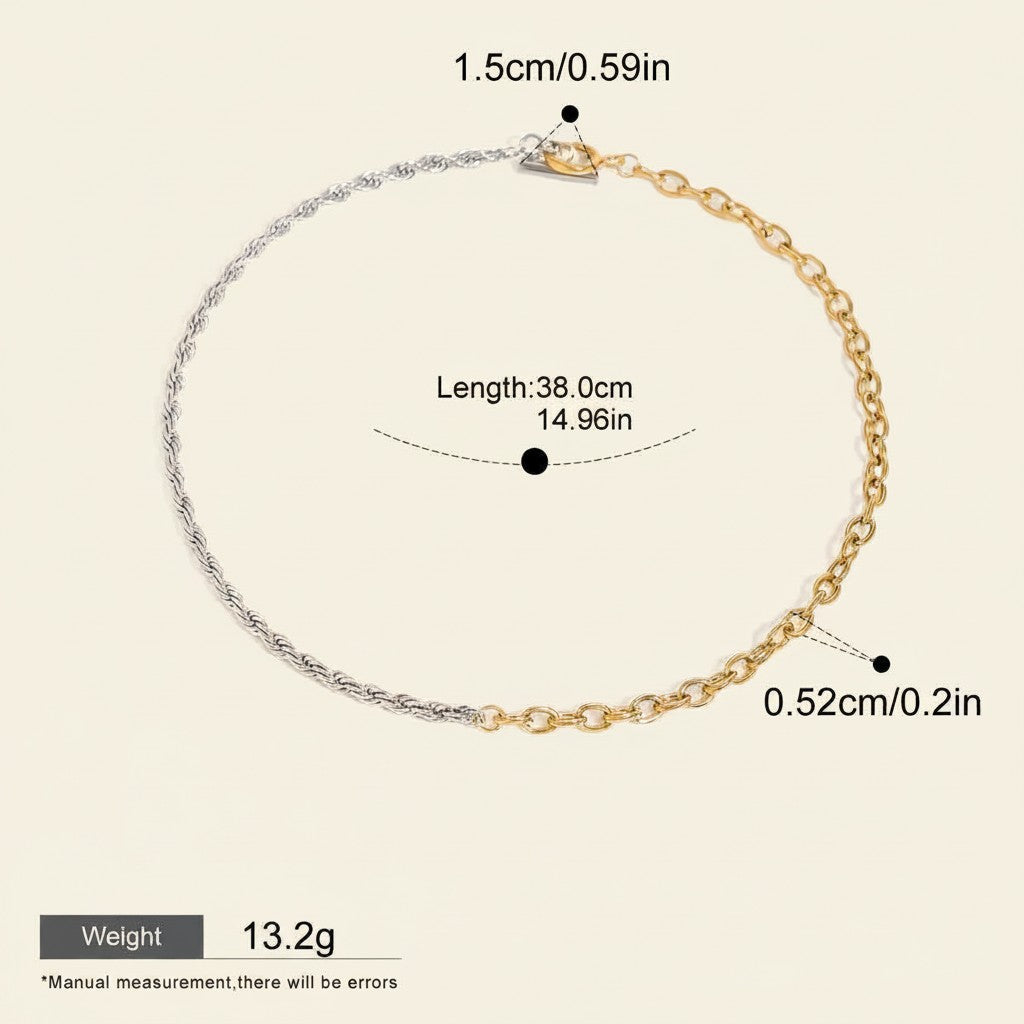 Seraphina Treasures Divinora two-tone chain necklace with gold and silver links, 38cm length.