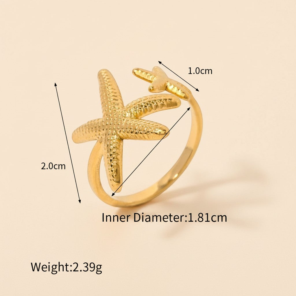 Seraphina Treasures Elysia gold adjustable open ring with starfish design, perfect for beachside charm and summer outfits.