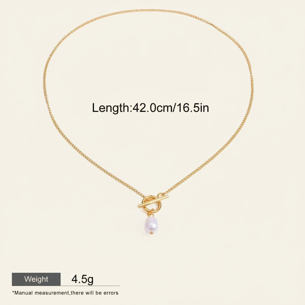 Seraphina Treasures Emberlyn gold necklace with a single pearl drop and toggle clasp, 42cm length.