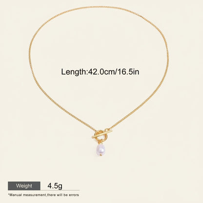 Seraphina Treasures Emberlyn gold necklace with a single pearl drop and toggle clasp, 42cm length.