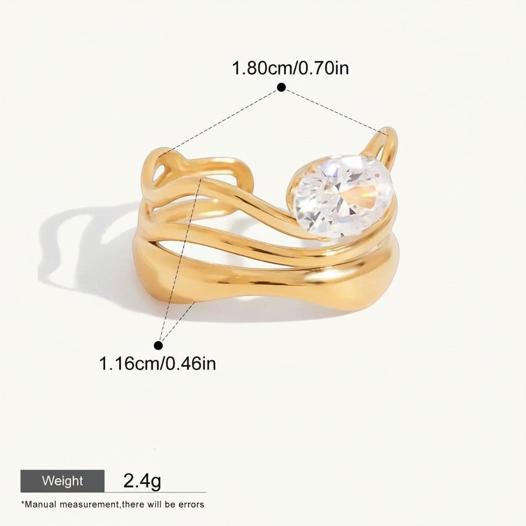Seraphina Treasures Emerya Rings: gold-tone, adjustable band with a clear oval cubic zirconia stone. Waterproof & hypoallergenic.