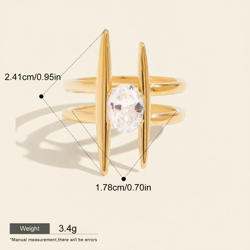 Seraphina Treasures Emerya Rings: Gold-tone, oval-cut clear stone, geometric design, double band, hypoallergenic.