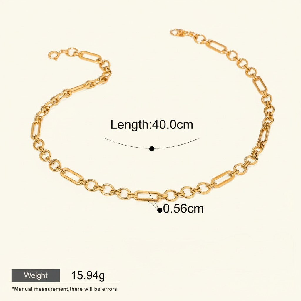 Seraphina Treasures Fenella gold-tone necklace with hollow oval and circular links, 40cm length.