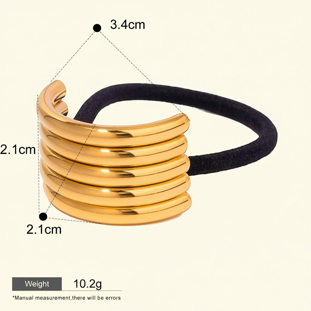 Seraphina Treasures Glintara gold U-shaped multi-layer hollow hair accessory with black elastic band.