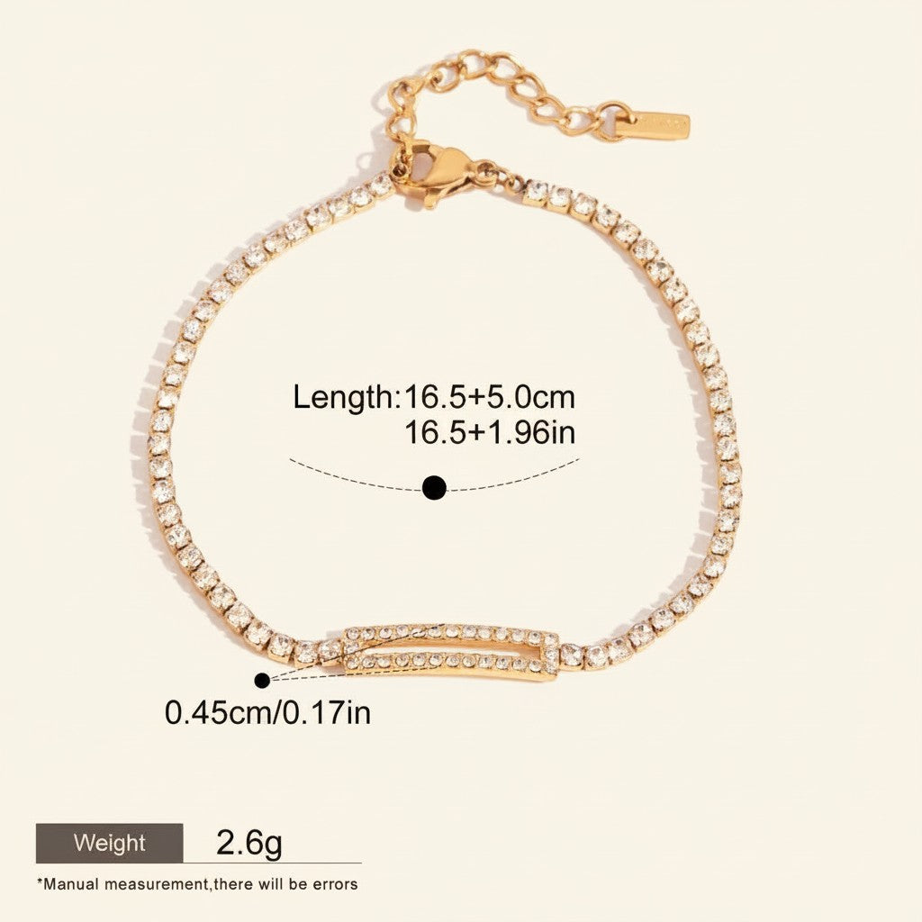Seraphina Treasures Hestia gold-tone bracelet with clear cubic zirconia stones and adjustable clasp. Waterproof and hypoallergenic.