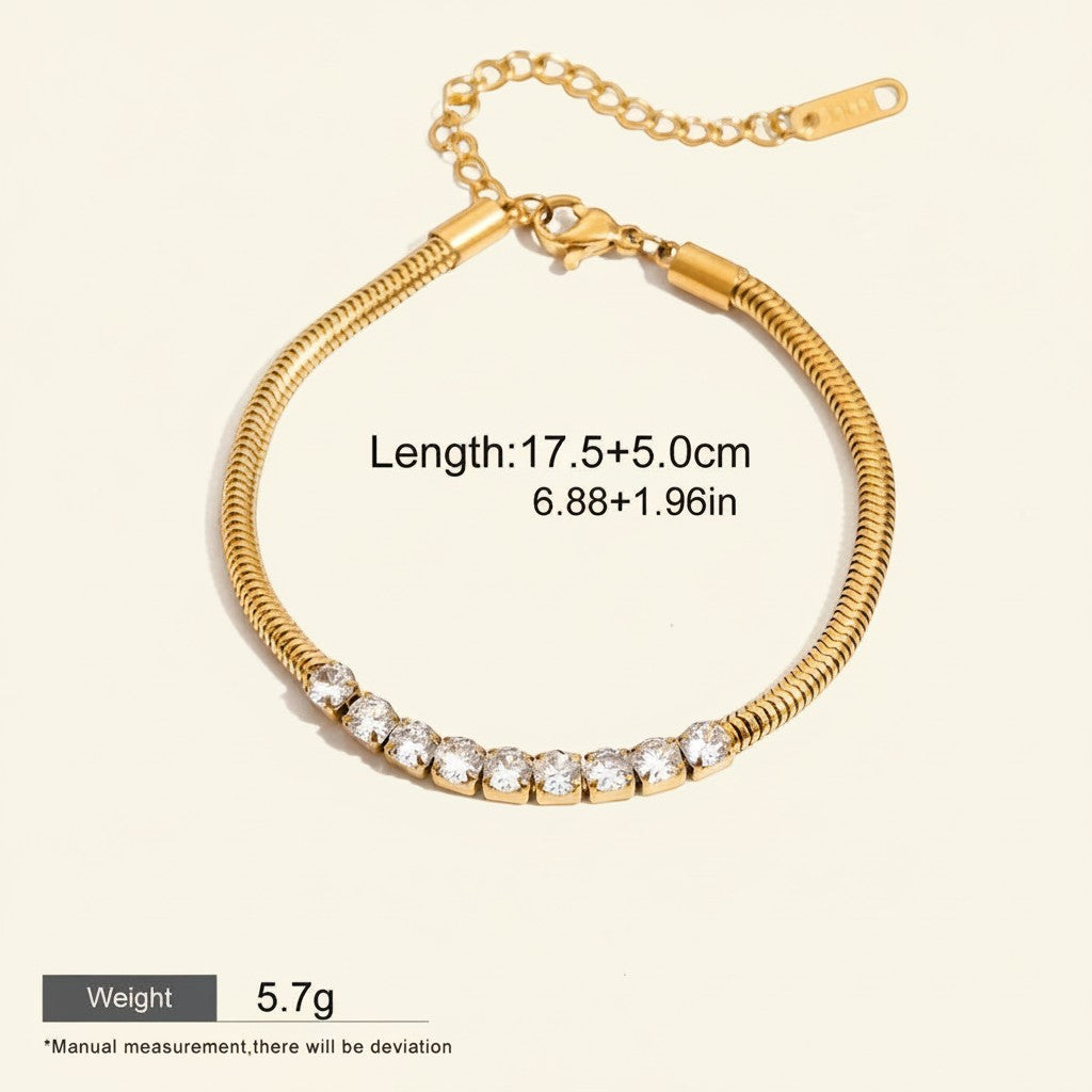 Seraphina Treasures Alethea gold snake chain bracelet with sparkling cubic zirconia details, 17.5+5.0cm length, waterproof and hypoallergenic.