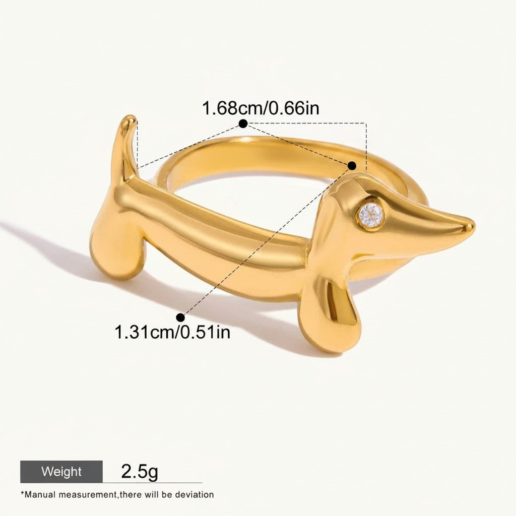 Seraphina Treasures gold dachshund ring with zirconia eye detail. Adjustable, hypoallergenic, and waterproof.
