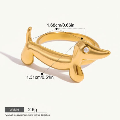 Seraphina Treasures gold dachshund ring with zirconia eye detail. Adjustable, hypoallergenic, and waterproof.