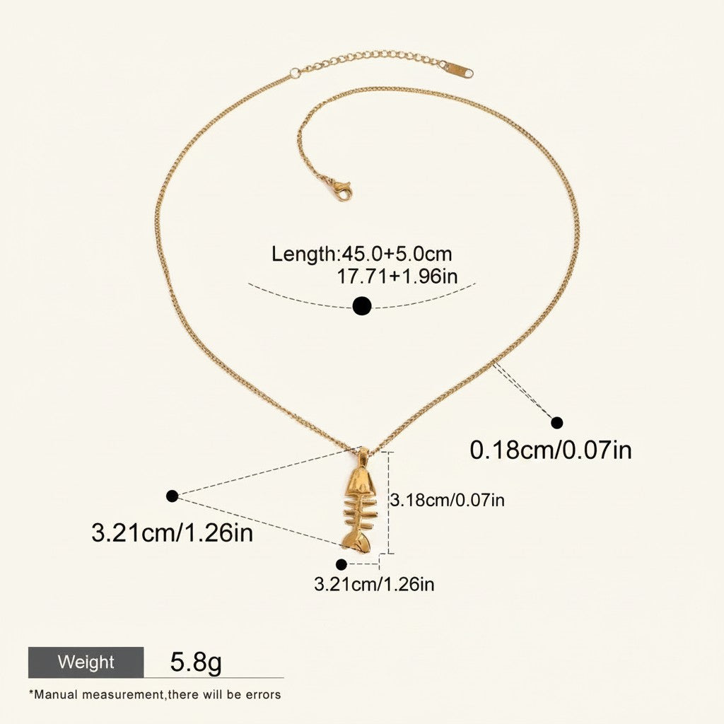 Seraphina Treasures Morwenna gold-tone fish skeleton pendant necklace, 45.0+5.0cm length.