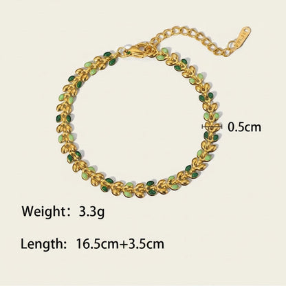 Seraphina Treasures gold-tone bracelet with green olive leaf design, 0.5cm wide.