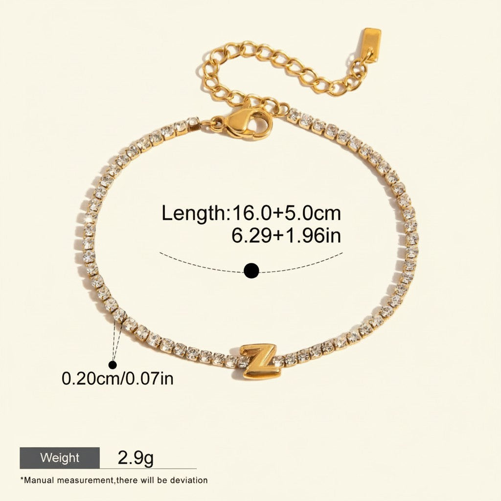 Seraphina Treasures gold-tone bracelet with clear zirconia stones and a gold letter Z pendant. Adjustable length, waterproof and hypoallergenic.
