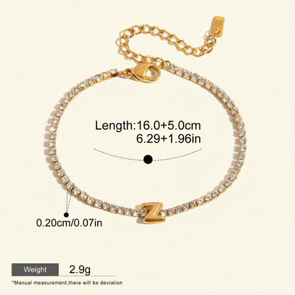 Seraphina Treasures gold-tone bracelet with clear zirconia stones and a gold letter Z pendant. Adjustable length, waterproof and hypoallergenic.