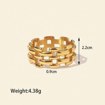 Seraphina Treasures Valora gold-tone stainless steel open link ring with a woven design. Measures 2.2cm wide.