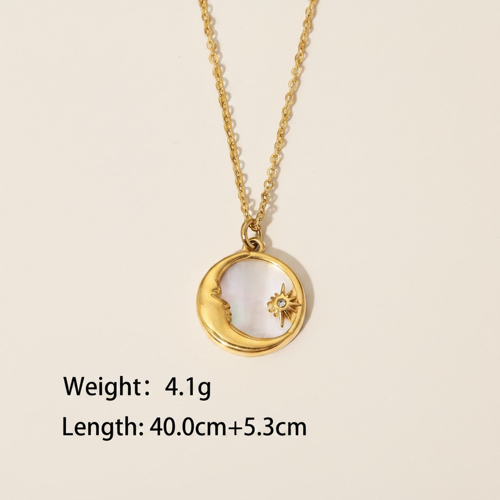 Seraphina Treasures gold necklace with a crescent moon and star pendant featuring natural shell inlay. Adjustable length.
