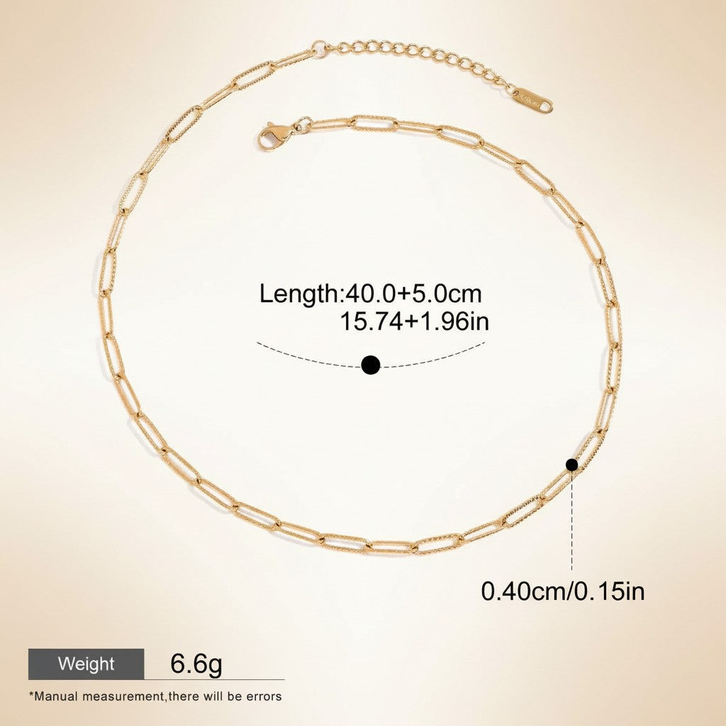 Seraphina Treasures Elarion gold-tone paperclip chain necklace with adjustable length and hypoallergenic properties.