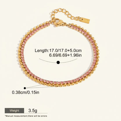 Seraphina Treasures Hestia gold bracelet with pink cubic zirconia stones and beaded detail. Adjustable length.