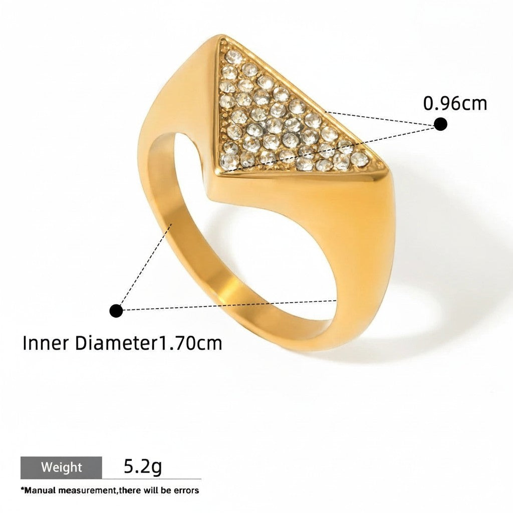 Seraphina Treasures Olyra gold ring with triangular rhinestone-embellished face. Modern, elegant, and waterproof.