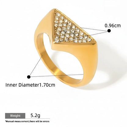 Seraphina Treasures Olyra gold ring with triangular rhinestone-embellished face. Modern, elegant, and waterproof.