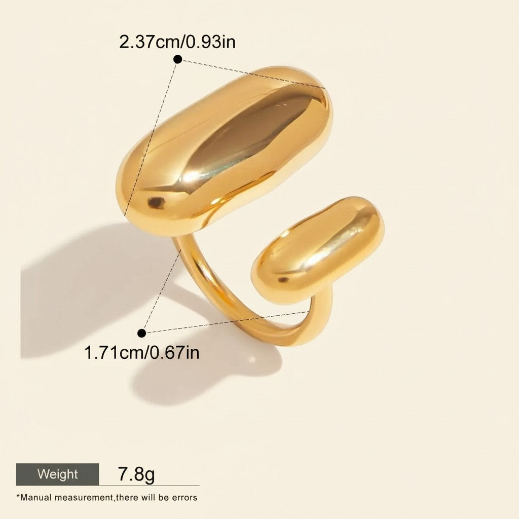 Seraphina Treasures Regara gold-tone adjustable ring with a glossy finish and modern, abstract design. Waterproof and hypoallergenic.