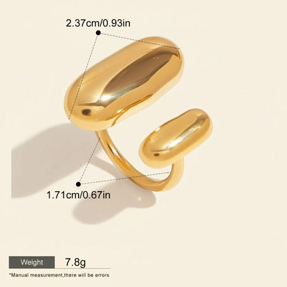 Seraphina Treasures Regara gold-tone adjustable ring with a glossy finish and modern, abstract design. Waterproof and hypoallergenic.