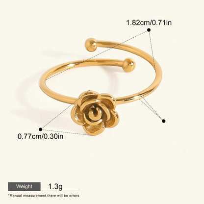 Seraphina Treasures gold-tone adjustable ring with a rose flower design. Waterproof and hypoallergenic.