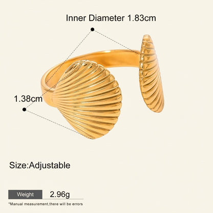 Seraphina Treasures gold-tone adjustable ring with double scallop shell design. Waterproof and hypoallergenic.