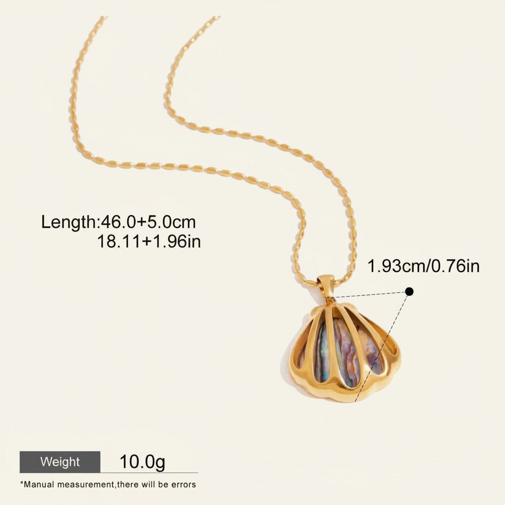 Seraphina Treasures Tegan necklace with a gold shell pendant featuring iridescent abalone shell inlay. Adjustable chain.