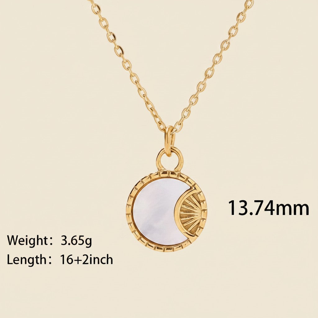 Seraphina Treasures gold necklace with a round pendant featuring a white shell inlay and a sunburst design.