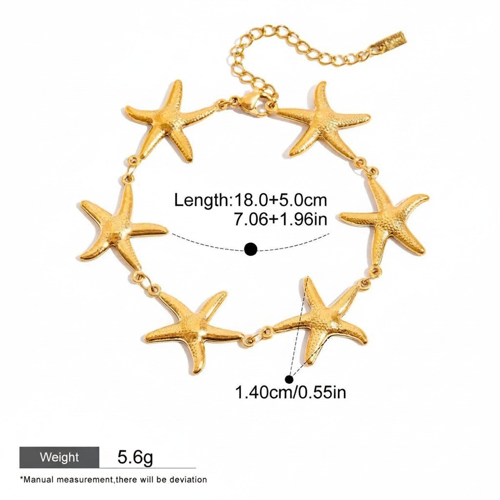 Seraphina Treasures gold-tone bracelet with multiple starfish charms, adjustable length, waterproof and hypoallergenic.
