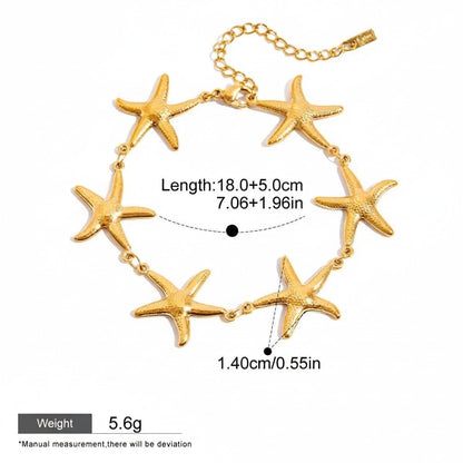 Seraphina Treasures gold-tone bracelet with multiple starfish charms, adjustable length, waterproof and hypoallergenic.
