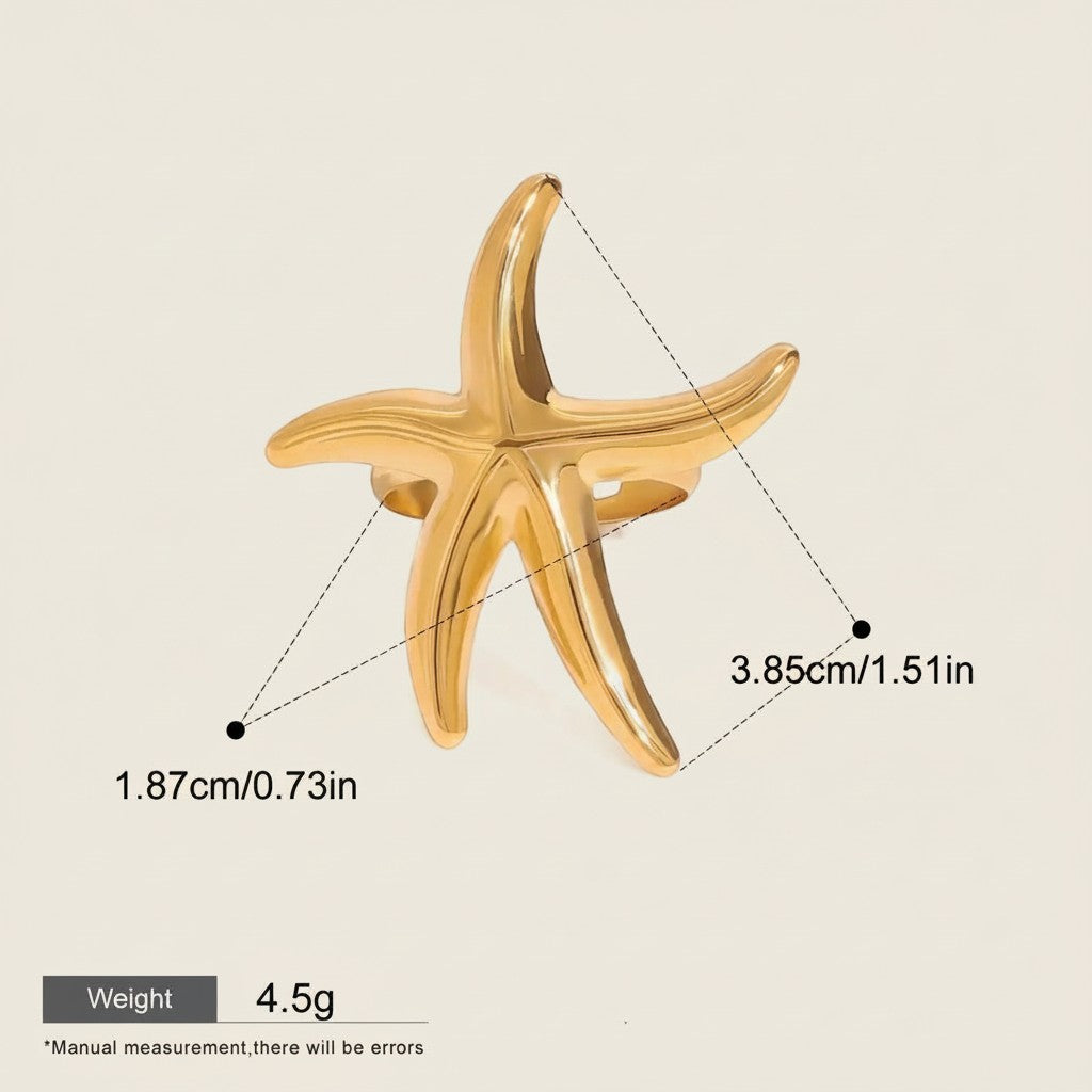 Seraphina Treasures gold starfish ring, adjustable open design, waterproof and hypoallergenic metal.