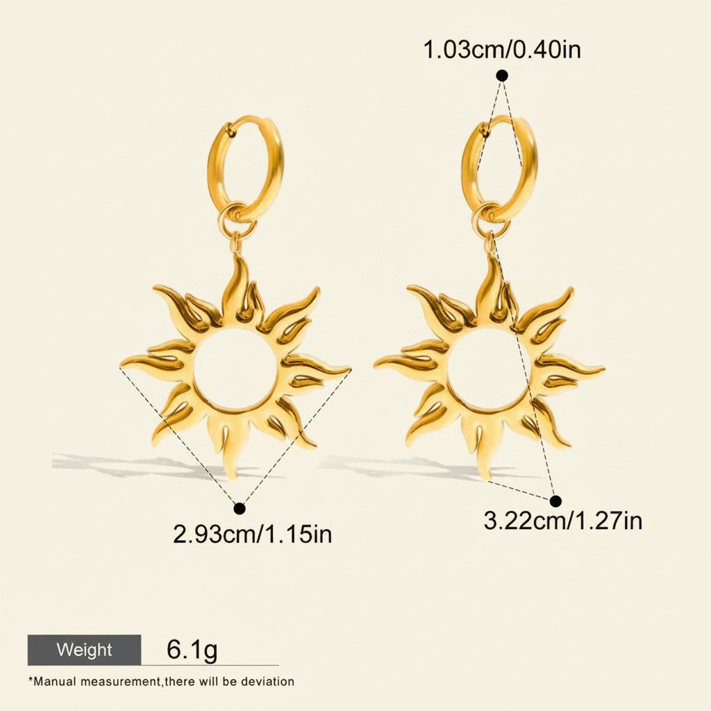 Seraphina Treasures Anthea gold-tone sun dangle earrings with hollow geometric design. Waterproof and hypoallergenic.