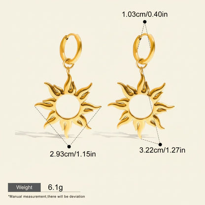 Seraphina Treasures Anthea gold-tone sun dangle earrings with hollow geometric design. Waterproof and hypoallergenic.