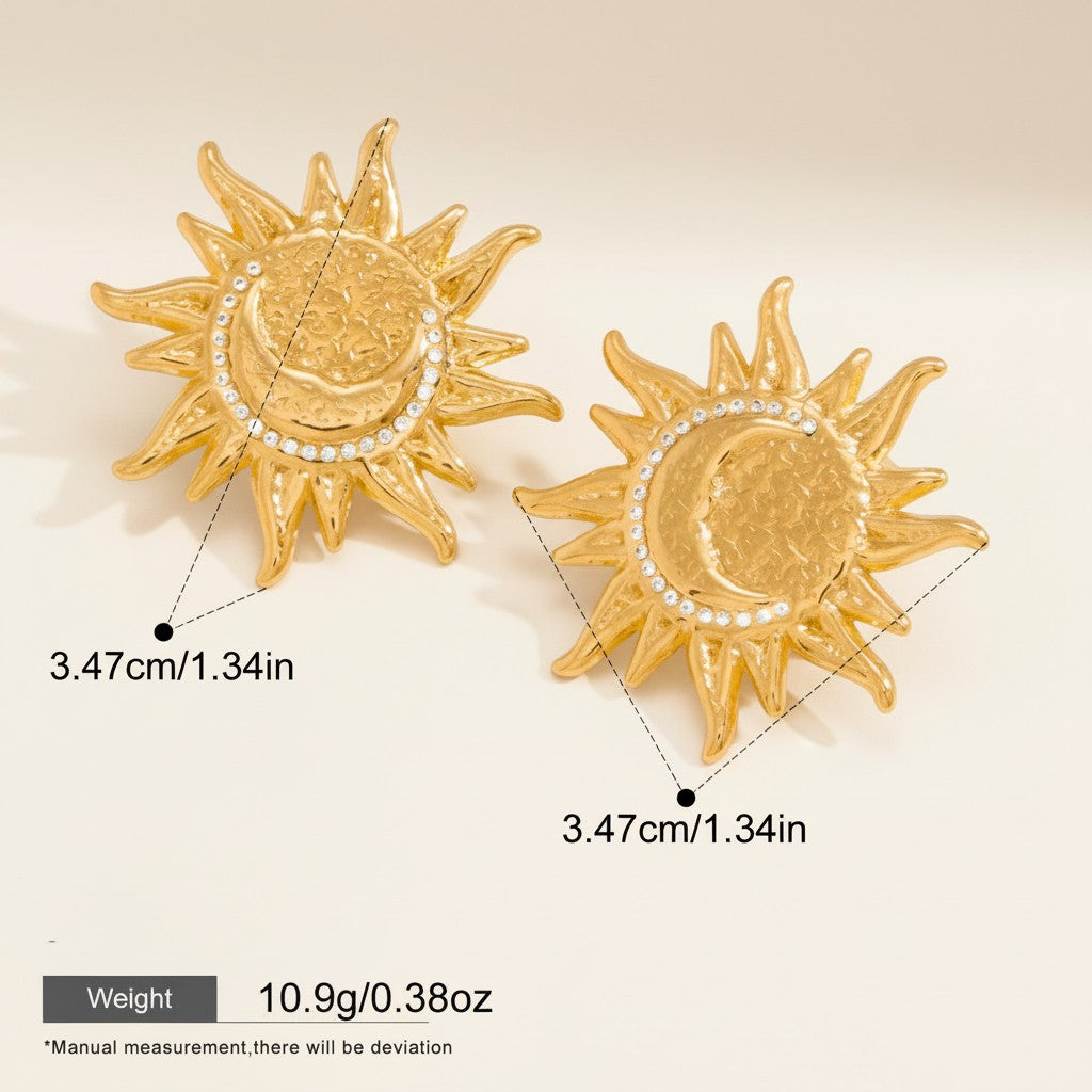 Seraphina Treasures gold sun and moon earrings with crystal accents. Celestial design, 3.47cm.