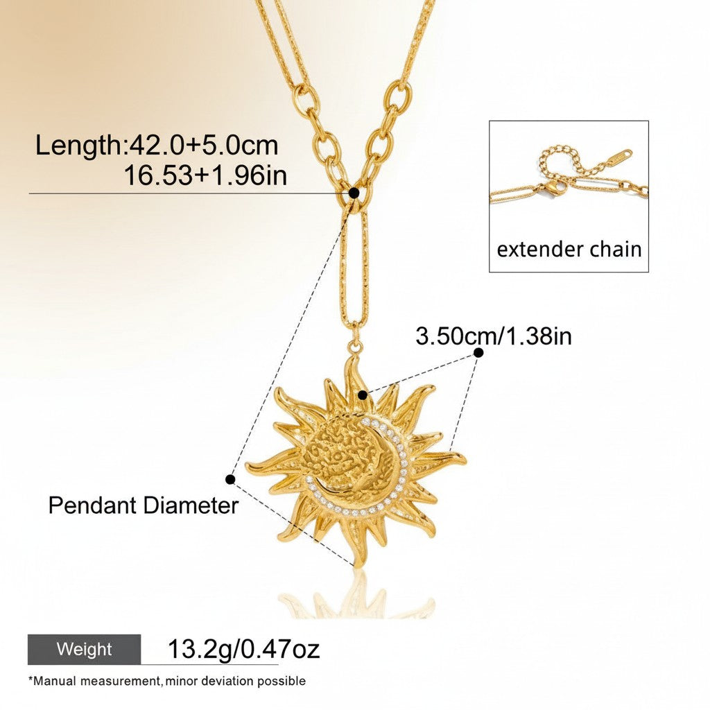 Seraphina Treasures gold sun and moon pendant necklace with crystal accents. Features adjustable chain.
