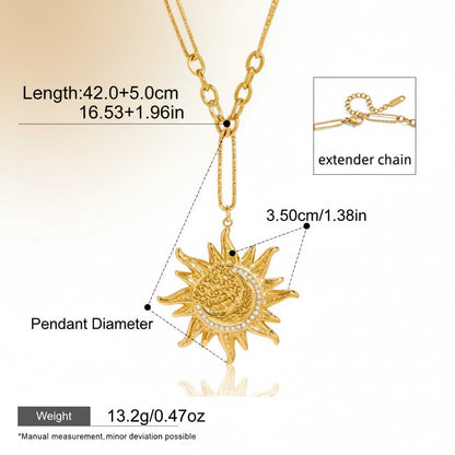 Seraphina Treasures gold sun and moon pendant necklace with crystal accents. Features adjustable chain.