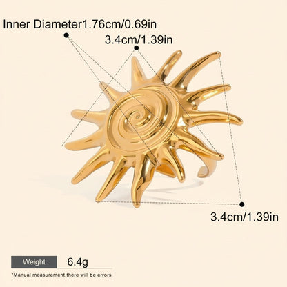 Seraphina Treasures gold sunburst ring with adjustable open design and intricate spiral detail. Hypoallergenic metal.