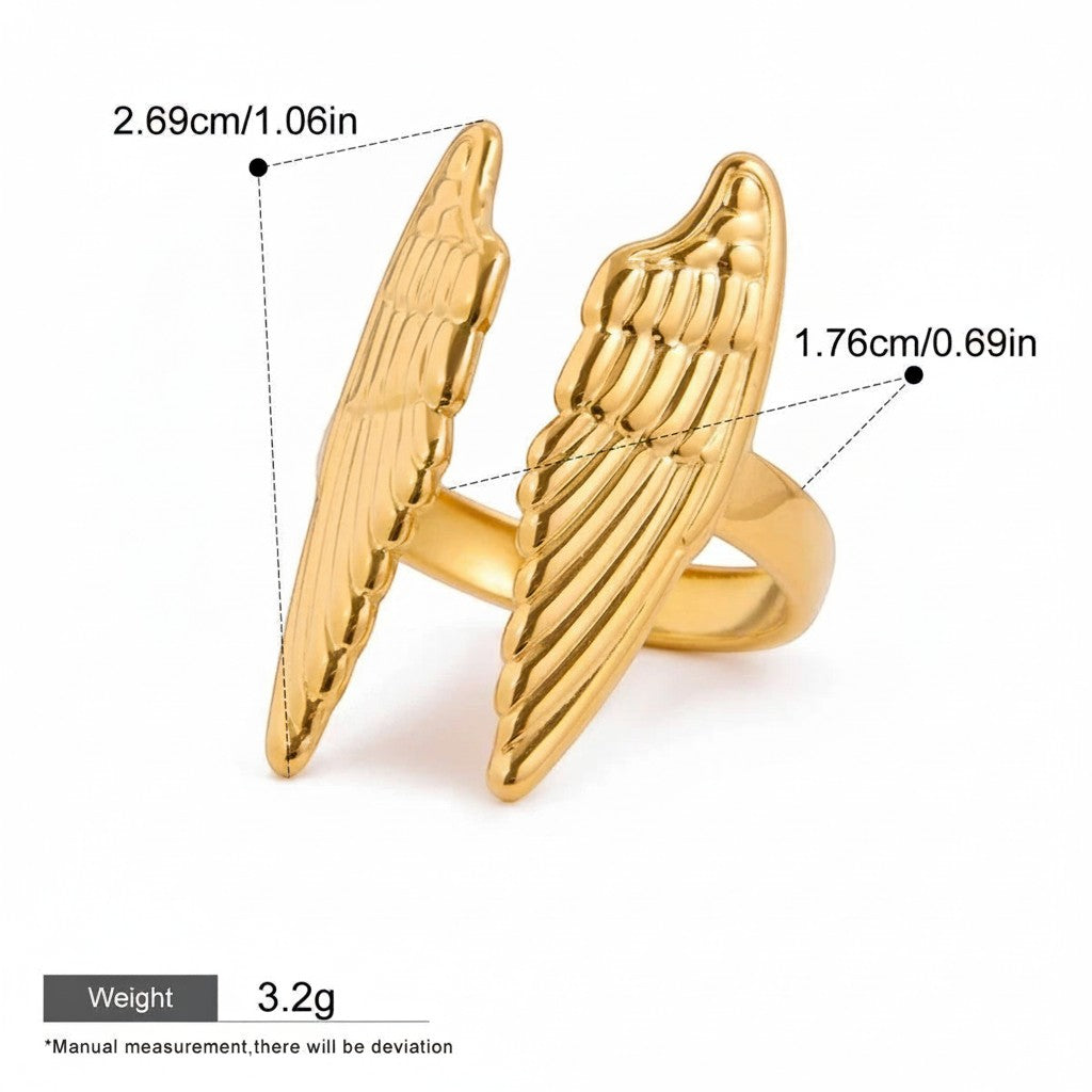 Seraphina Treasures gold-tone stainless steel open ring with delicate wing details, symbolizing protection and grace.