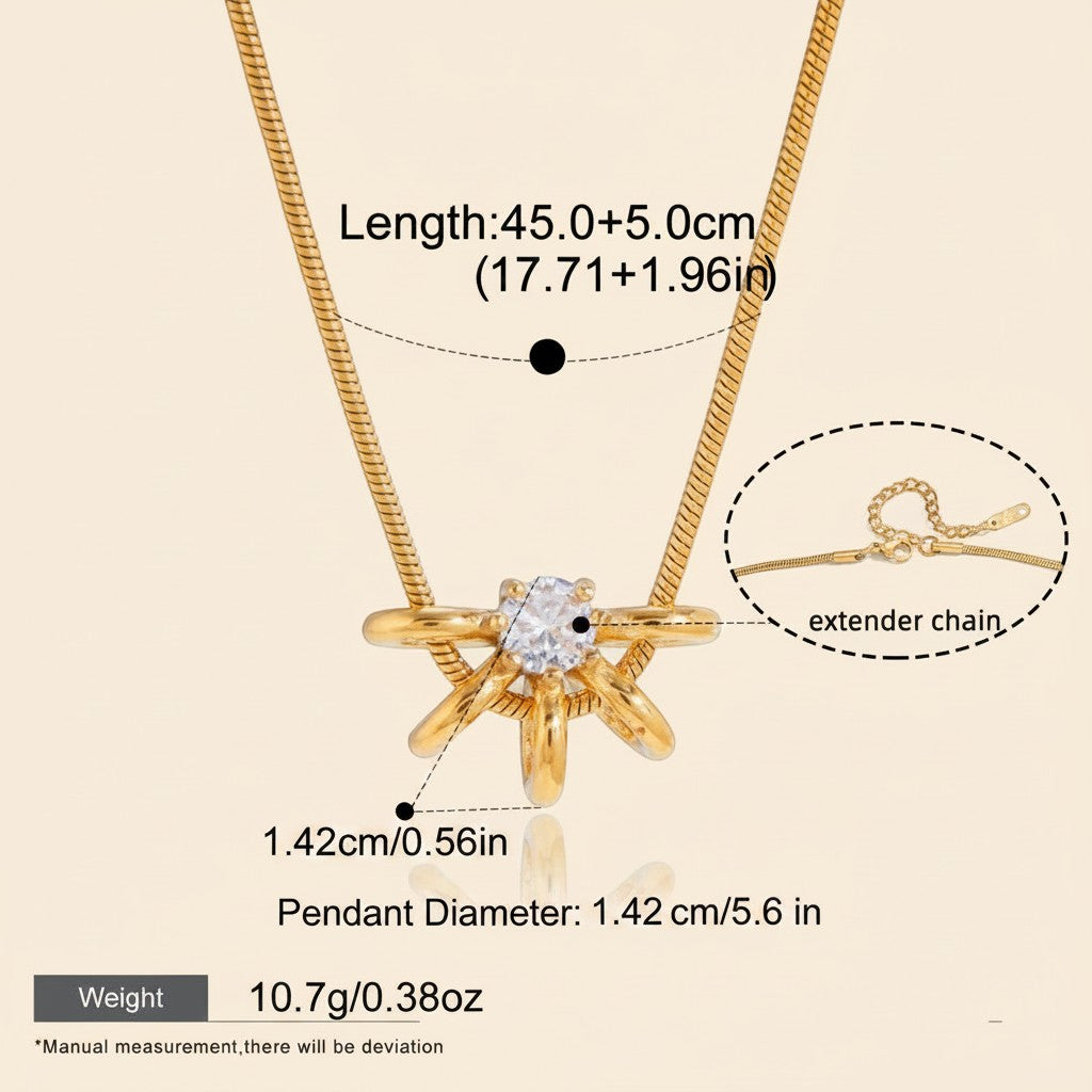 Seraphina Treasures gold necklace with a hollow circle pendant featuring a clear zircon stone and an extender chain.