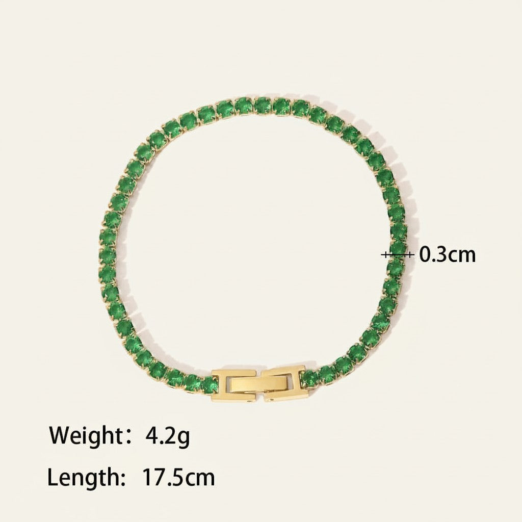 Seraphina Treasures Albina tennis bracelet with green crystal zircon accents and gold clasp, 17.5cm length.