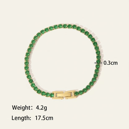 Seraphina Treasures Albina tennis bracelet with green crystal zircon accents and gold clasp, 17.5cm length.