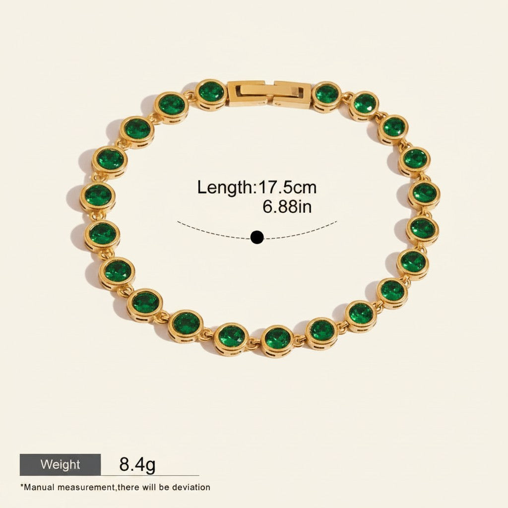 Seraphina Treasures gold-tone bracelet with round green zirconia stones, 17.5cm length, waterproof and hypoallergenic.