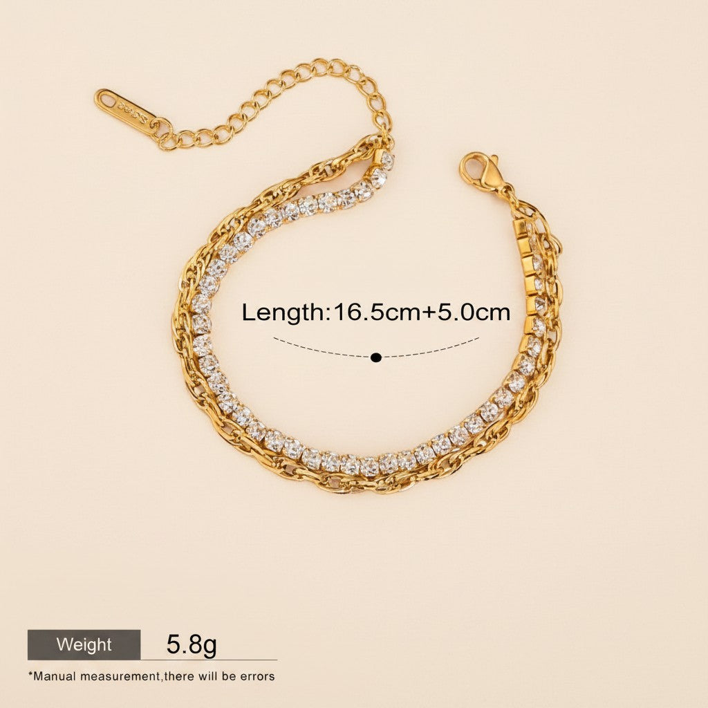 Seraphina Treasures Ithela gold-tone bracelet with two rows of clear sparkling stones and a delicate chain. Waterproof and hypoallergenic.