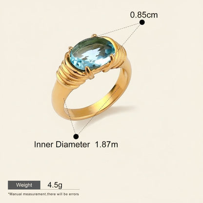 Seraphina Treasures Meliora ring with oval aquamarine stone and gold band. Waterproof and hypoallergenic.