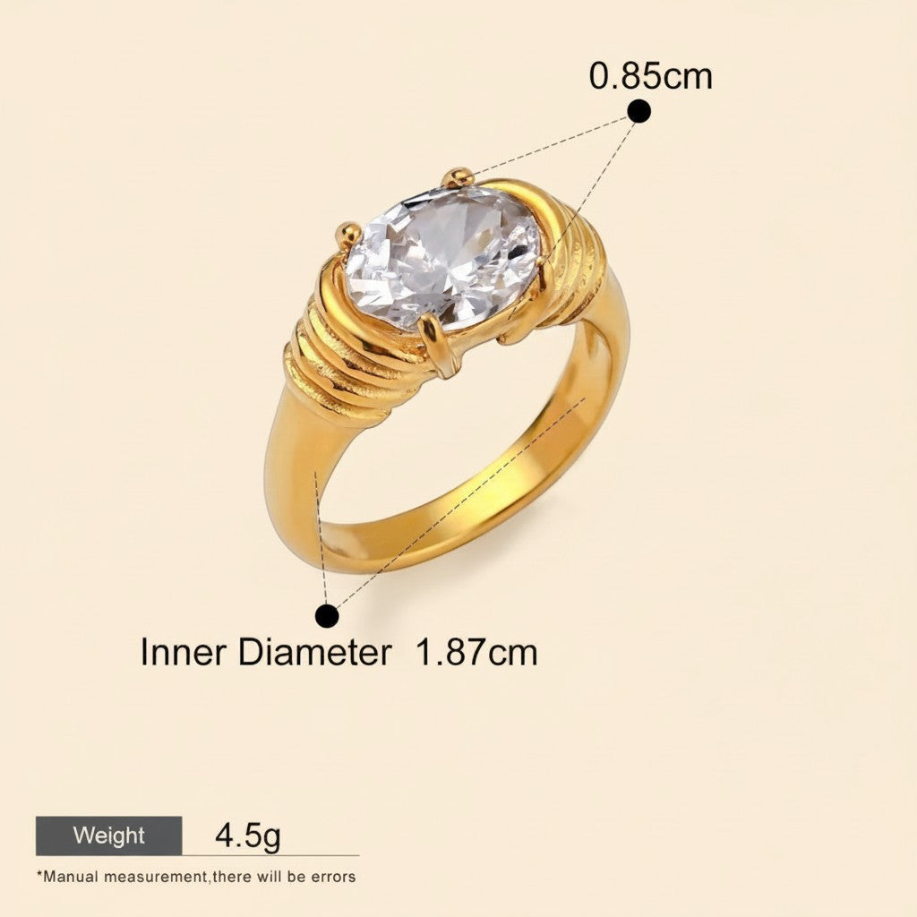 Seraphina Treasures Meliora gold ring with a large oval clear cubic zirconia stone and ribbed band detail.